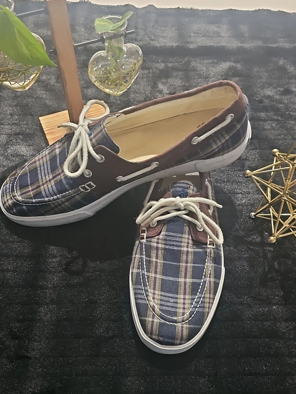 Ralph Lauren Polo Plaid Canvas Boat Shoes in Blue and Brown - Lace-Up Casual